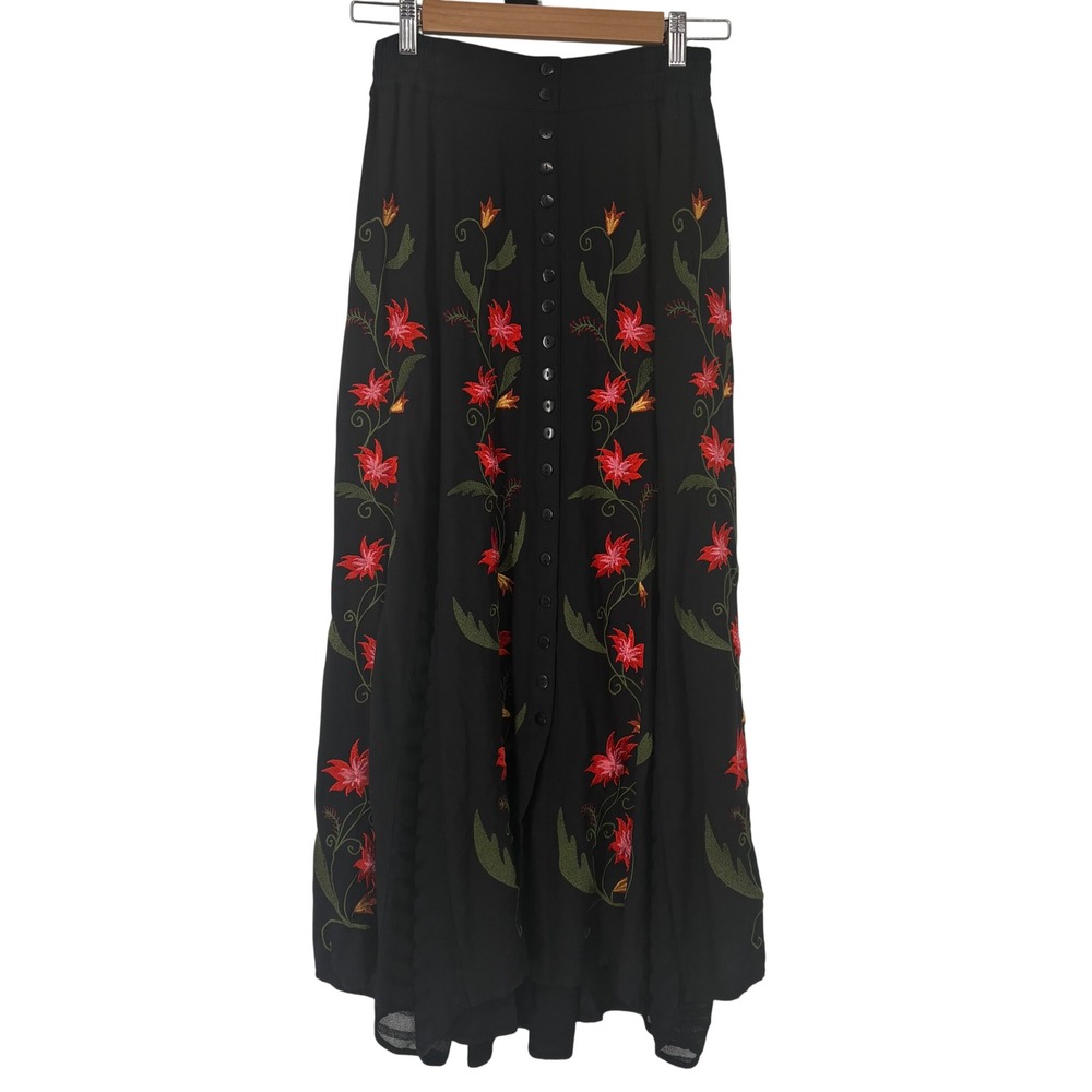 The Pyramid Collection Whimsigoth Floral‎ Embroidered Maxi Skirt XS Mesh Insert